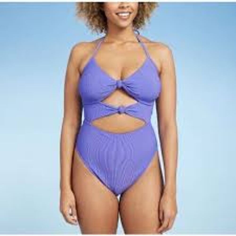 Shade & Shore Knot Cutout Halter One Piece Swimsuit Purple XL